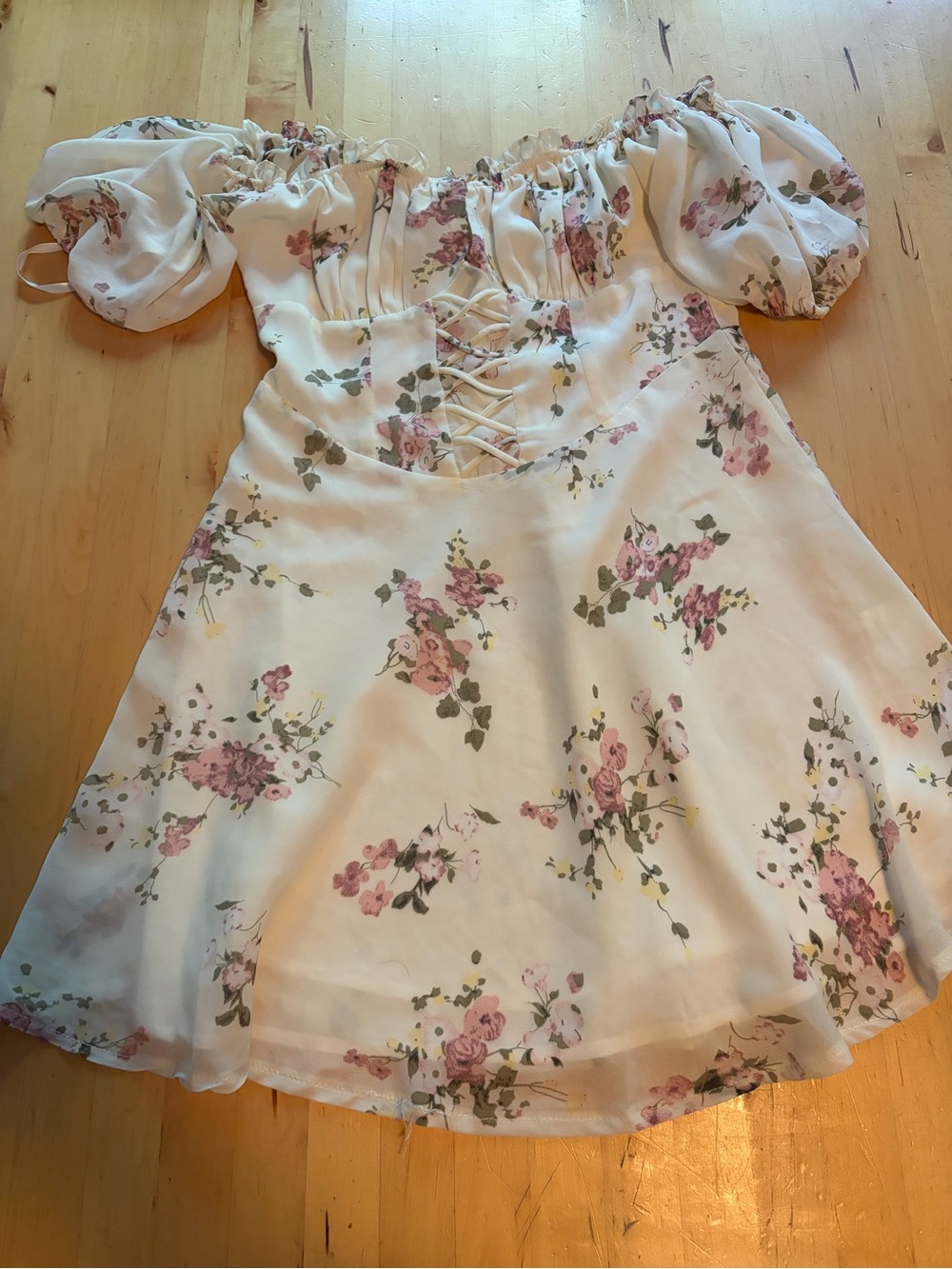 Off-Shoulder Floral Lace-Up Dress in Cream and Pink